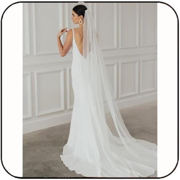 1 Tier Bride Wedding Veil White Long Cathedral Bridal Tulle Veils with Comb - Picture 1 of 8